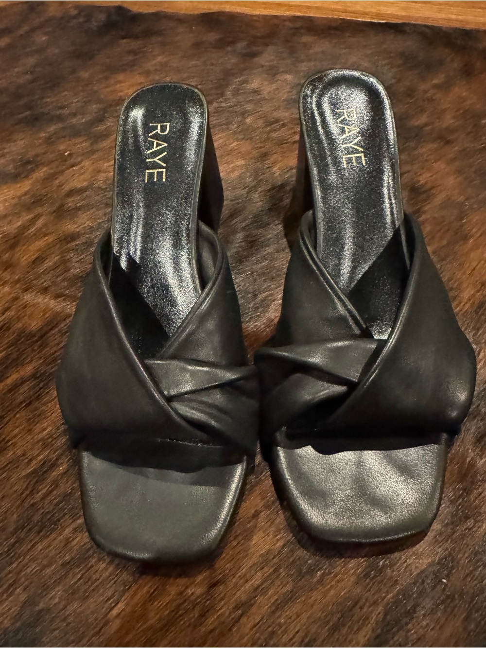 RAYE Black Twisted Square-Toe Slide Mules